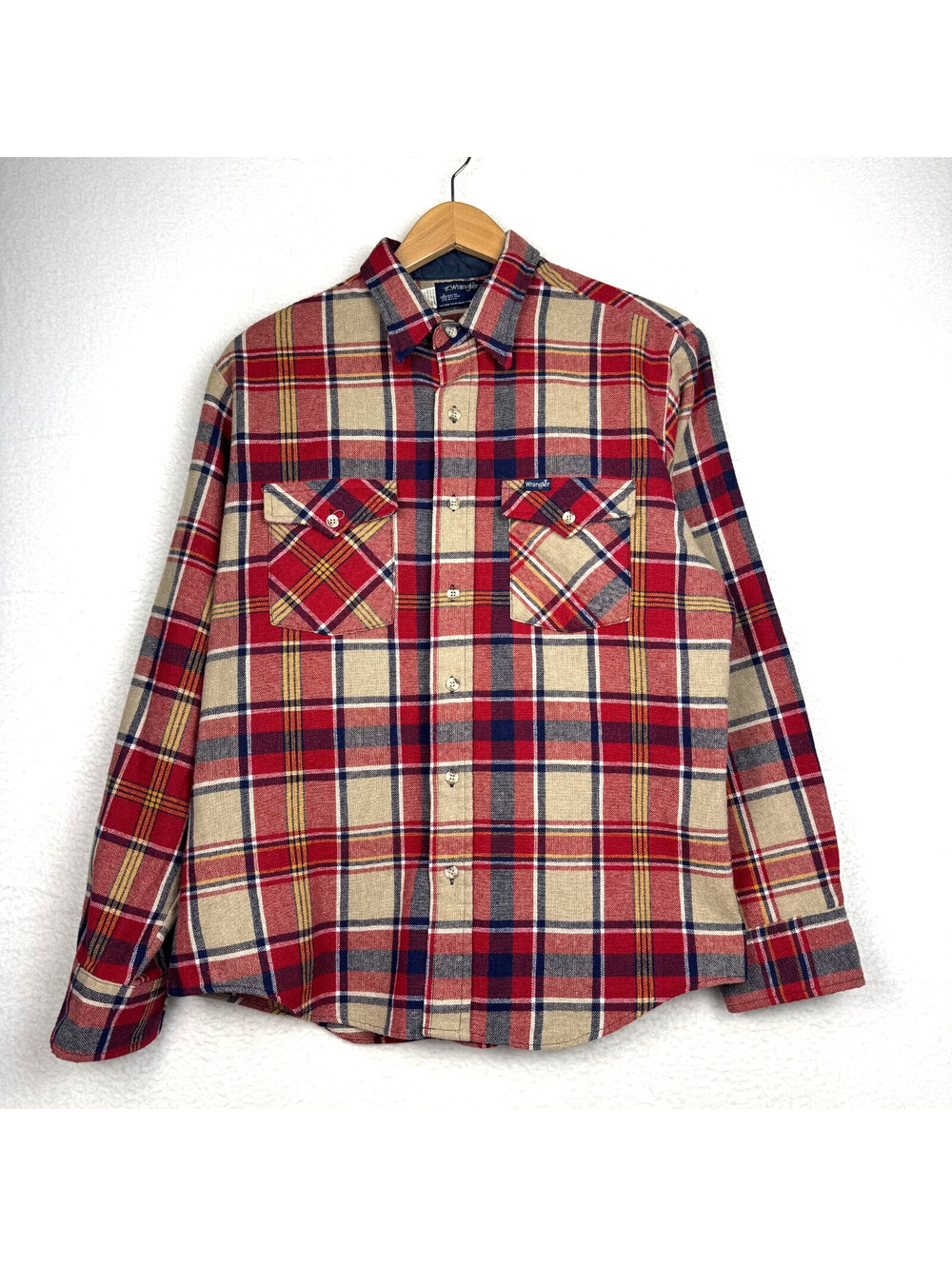 Vintage 80s Wrangler Mens Large Heavy Wool Red Flannel Western Long Sleeve USA
